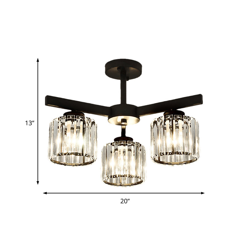 Modern Cylindrical Crystal Semi Flush Ceiling Light with 3/6/8-Head Design - Black, Ideal for Living Room