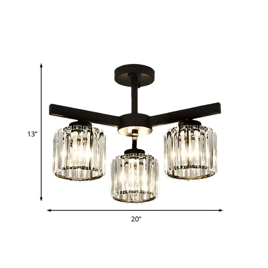 Modern Cylindrical Crystal Semi Flush Ceiling Light with 3/6/8-Head Design - Black, Ideal for Living Room