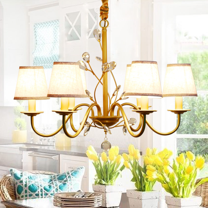 Contemporary Flared Pendant Chandelier - Fabric Shaded 6/8 Lights Brass Ceiling Fixture With Crystal