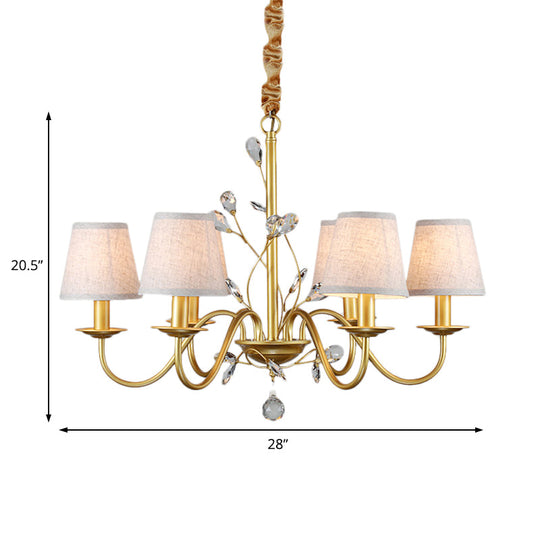 Contemporary Flared Pendant Chandelier - Fabric Shaded 6/8 Lights Brass Ceiling Fixture With Crystal