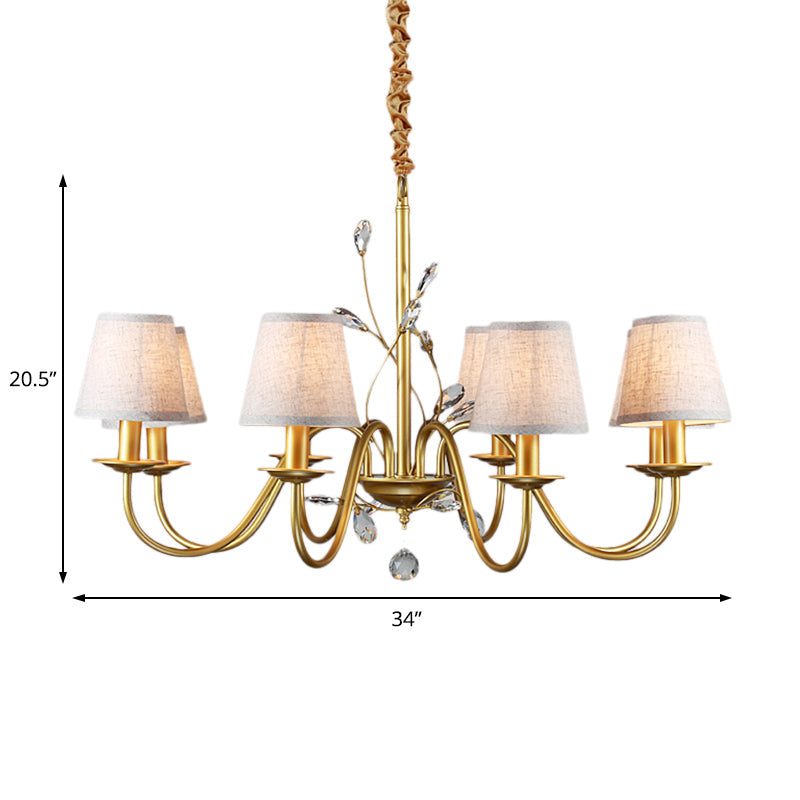 Contemporary Flared Pendant Chandelier - Fabric Shaded 6/8 Lights Brass Ceiling Fixture With Crystal