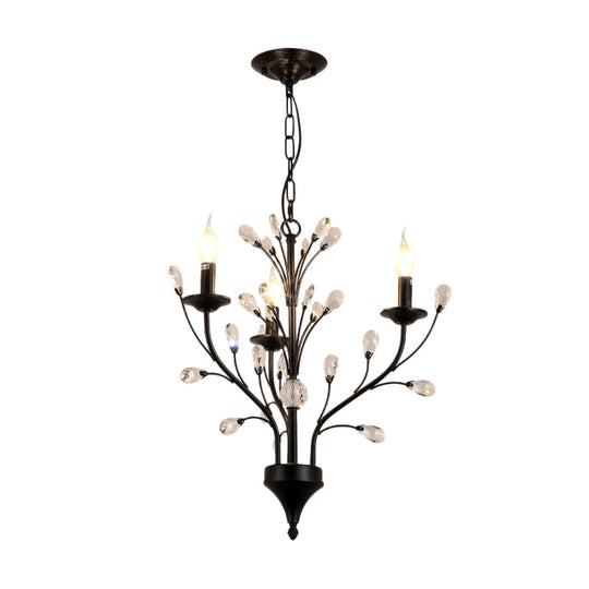 Modern Black Floral Iron Chandelier - 3/6/9-Light Dining Room Pendant With Crystal Draping