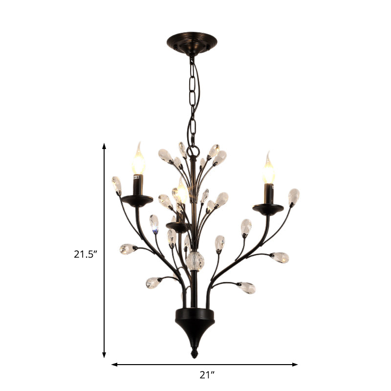 Modern Black Floral Iron Chandelier - 3/6/9-Light Dining Room Pendant With Crystal Draping