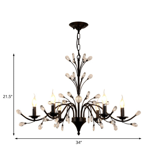 Modern Black Floral Iron Chandelier - 3/6/9-Light Dining Room Pendant With Crystal Draping