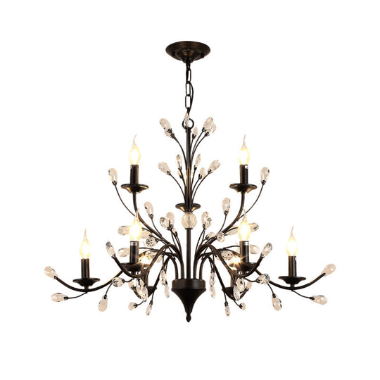 Modern Black Floral Iron Chandelier - 3/6/9-Light Dining Room Pendant With Crystal Draping