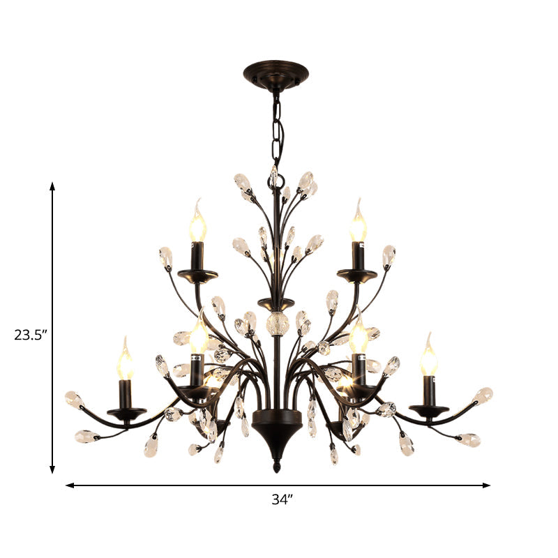 Modern Black Floral Iron Chandelier - 3/6/9-Light Dining Room Pendant With Crystal Draping