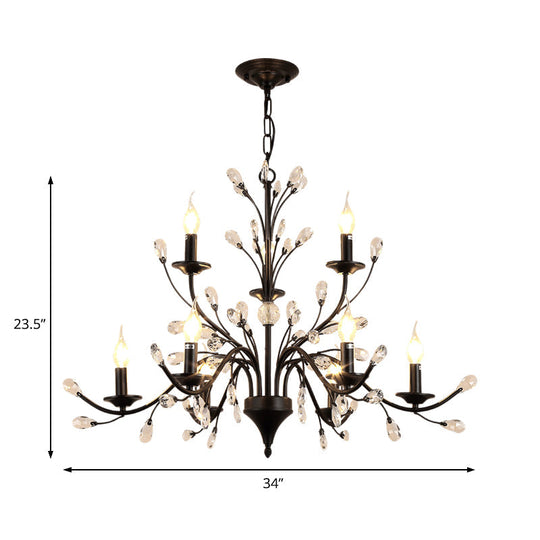 Modern Black Floral Iron Chandelier - 3/6/9-Light Dining Room Pendant With Crystal Draping