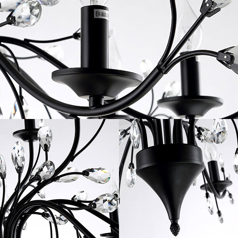 Modern Black Floral Iron Chandelier - 3/6/9-Light Dining Room Pendant With Crystal Draping