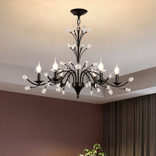 Modern Black Floral Iron Chandelier - 3/6/9-Light Dining Room Pendant With Crystal Draping