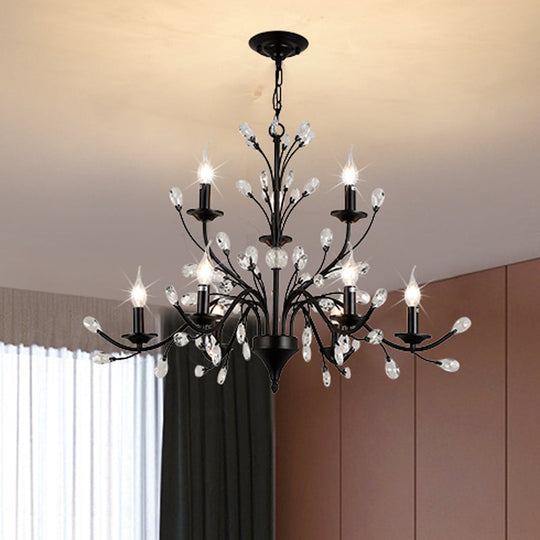 Modern Black Floral Iron Chandelier - 3/6/9-Light Dining Room Pendant With Crystal Draping