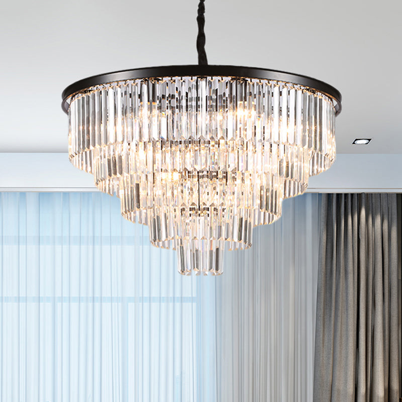 Lustre suspendu en cristal minimaliste - Noir/doré, réglable et options 6/9/15 lumières, 19,5"/23,5"/31,5" W