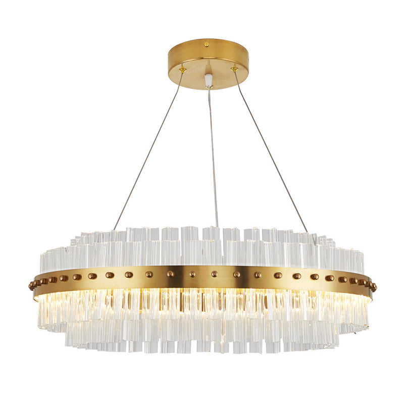 Lustre doré moderniste : abat-jour en verre transparent à double couche, suspension de plafond à LED pour salon - largeur 19,5"/23,5"/27,5"