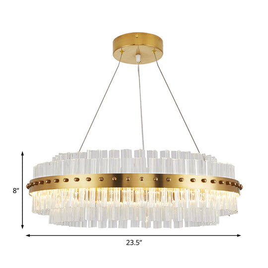 Lustre doré moderniste : abat-jour en verre transparent à double couche, suspension de plafond à LED pour salon - largeur 19,5"/23,5"/27,5"