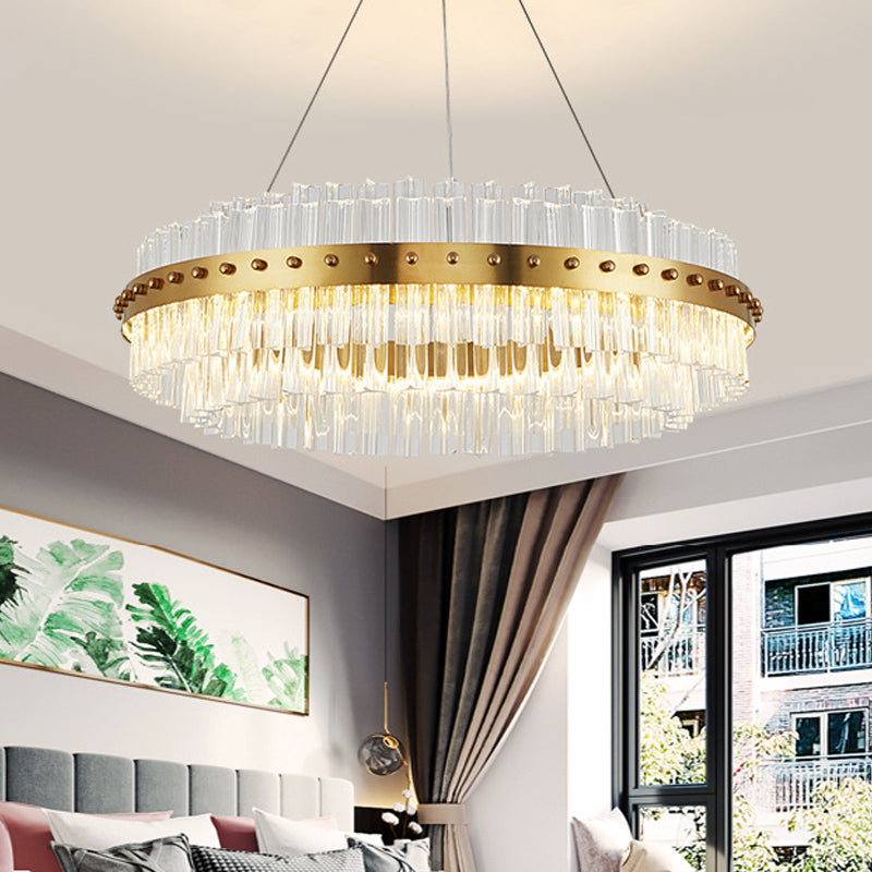 Lustre doré moderniste : abat-jour en verre transparent à double couche, suspension de plafond à LED pour salon - largeur 19,5"/23,5"/27,5"