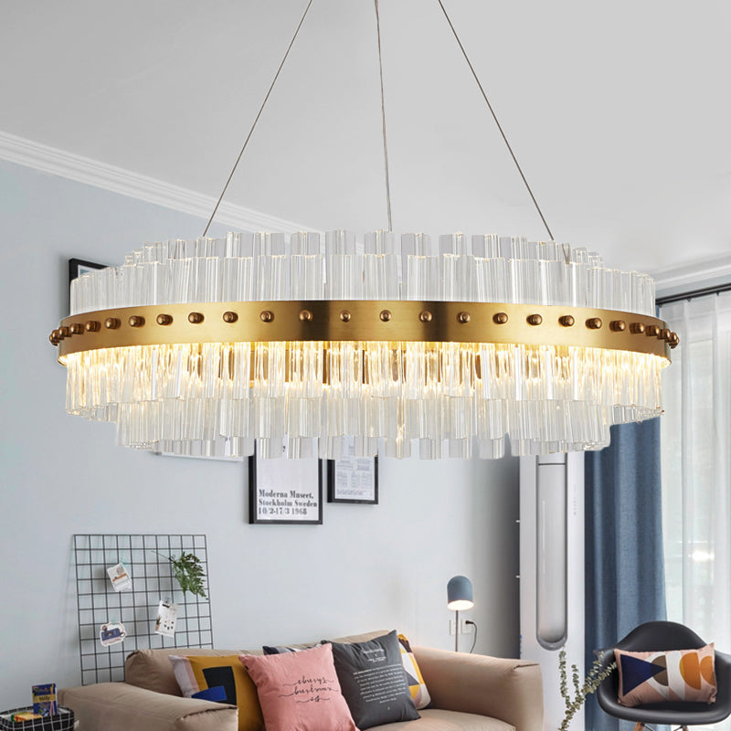 Lustre doré moderniste : abat-jour en verre transparent à double couche, suspension de plafond à LED pour salon - largeur 19,5"/23,5"/27,5"