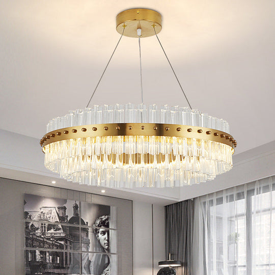 Lustre doré moderniste : abat-jour en verre transparent à double couche, suspension de plafond à LED pour salon - largeur 19,5"/23,5"/27,5"