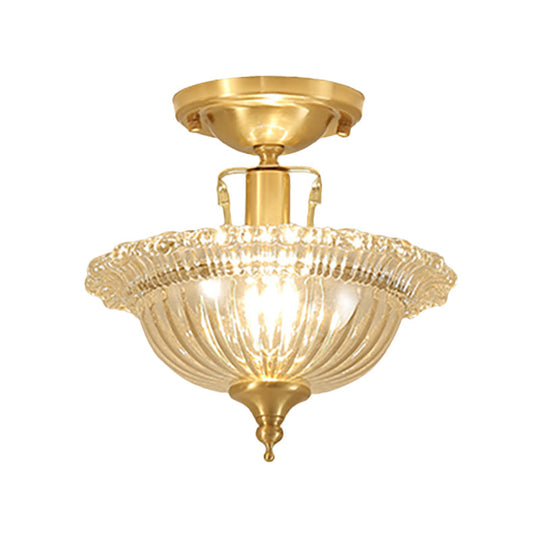 Contemporary Brass Ceiling Flush Mount with Flared Semi Flush Ruffle Glass Shade - 1 Light