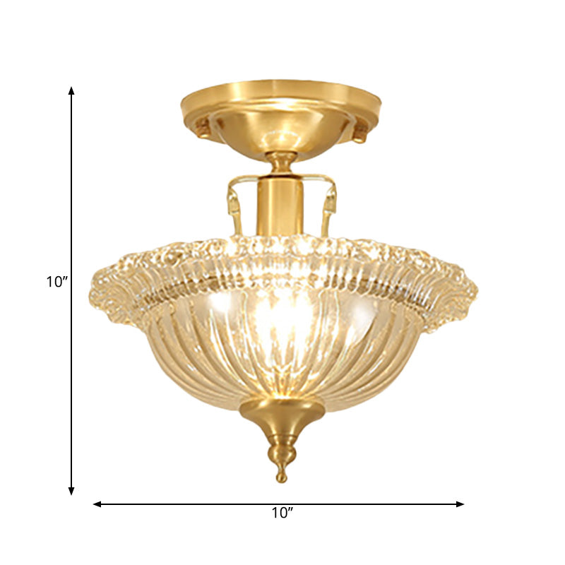 Contemporary Brass Ceiling Flush Mount with Flared Semi Flush Ruffle Glass Shade - 1 Light