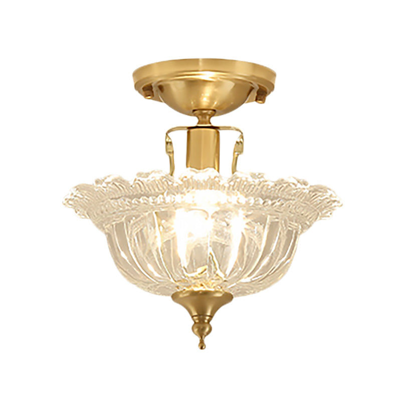 Contemporary Brass Ceiling Flush Mount with Flared Semi Flush Ruffle Glass Shade - 1 Light