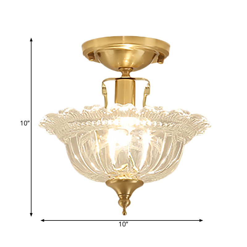 Contemporary Brass Ceiling Flush Mount with Flared Semi Flush Ruffle Glass Shade - 1 Light