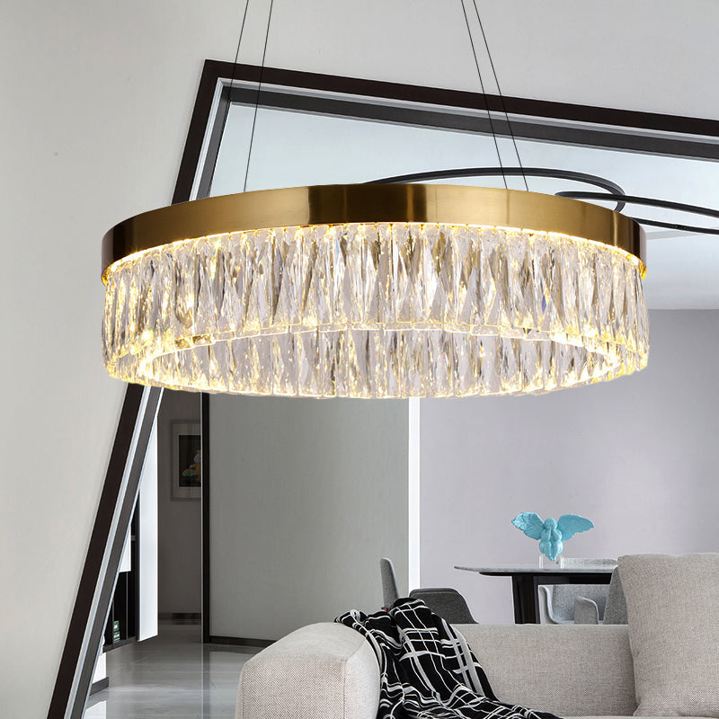 Simple Ring Ribbed Crystal Pendant Chandelier Led Gold Hanging Lamp - 23.5/31.5 Diameter For Dining