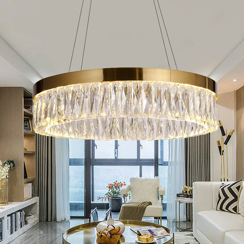 Simple Ring Ribbed Crystal Pendant Chandelier Led Gold Hanging Lamp - 23.5/31.5 Diameter For Dining