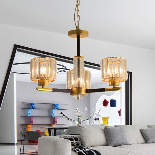 Modern Ribbed Crystal Cylinder Chandelier Pendant - 3/6/8 Head Bedroom Hanging Lamp Kit 3 / Gold