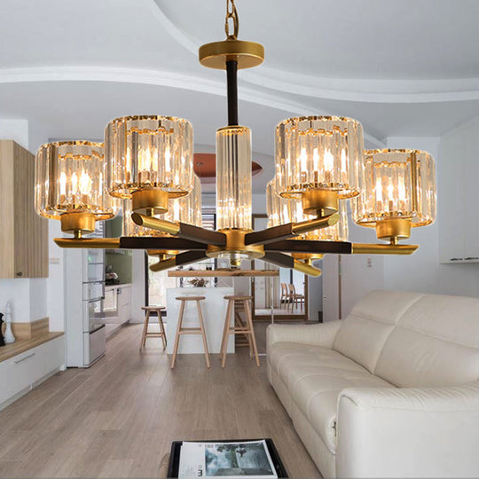 Modern Ribbed Crystal Cylinder Chandelier Pendant - 3/6/8 Head Bedroom Hanging Lamp Kit 6 / Gold