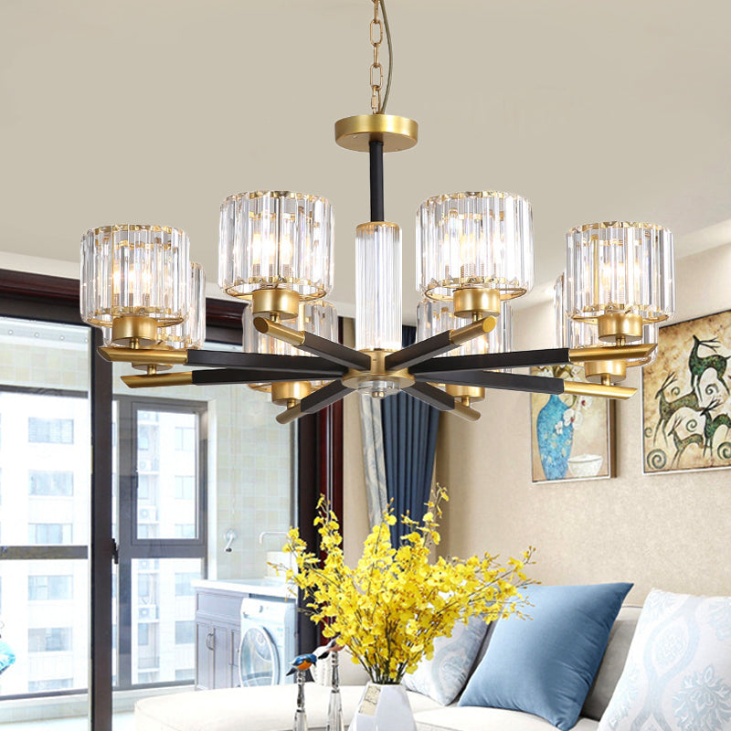 Modern Ribbed Crystal Cylinder Chandelier Pendant - 3/6/8 Head Bedroom Hanging Lamp Kit 8 / Gold