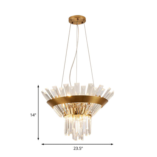 Lustre conique en cristal doré à 9 ampoules de style transitionnel - Suspension de 7"/14" H