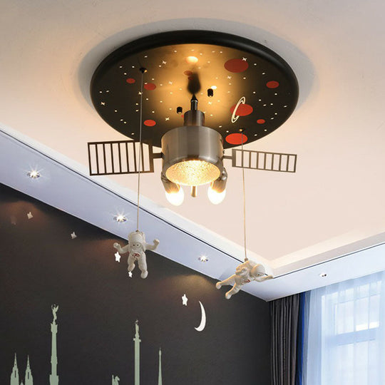 Astronaut Themed LED Flush Mount Light in Black - Metallic Space Ship Design for Kids Room