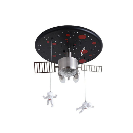 Astronaut Themed LED Flush Mount Light in Black - Metallic Space Ship Design for Kids Room