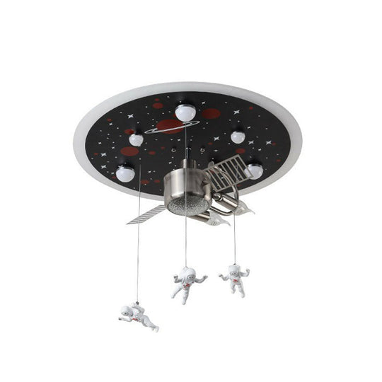 Astronaut Themed LED Flush Mount Light in Black - Metallic Space Ship Design for Kids Room