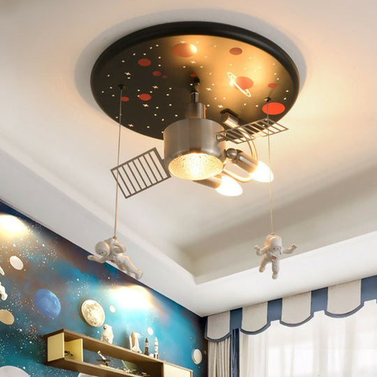 Astronaut Themed LED Flush Mount Light in Black - Metallic Space Ship Design for Kids Room