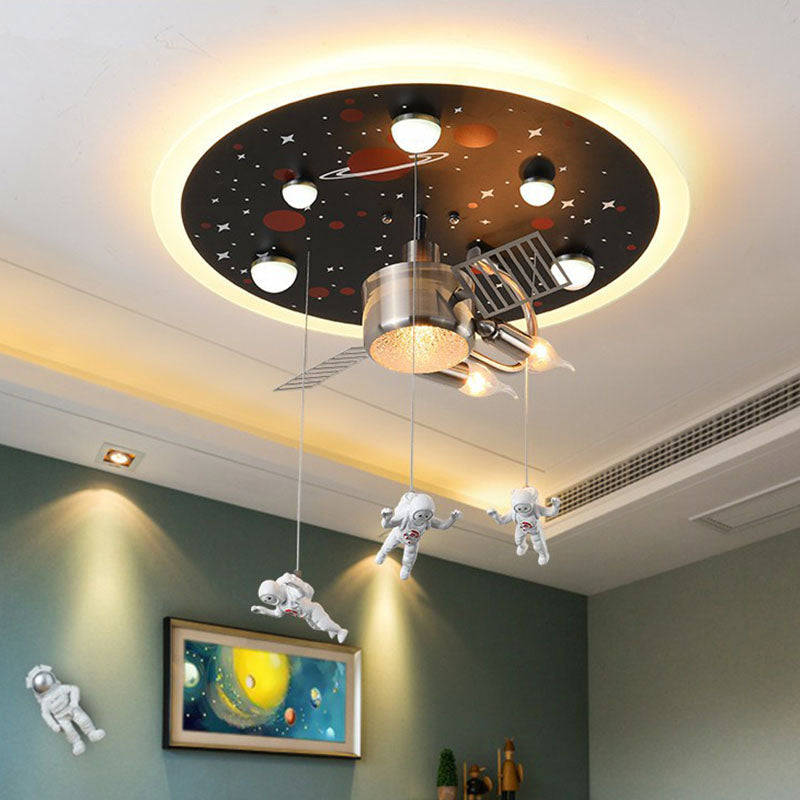 Astronaut Themed LED Flush Mount Light in Black - Metallic Space Ship Design for Kids Room