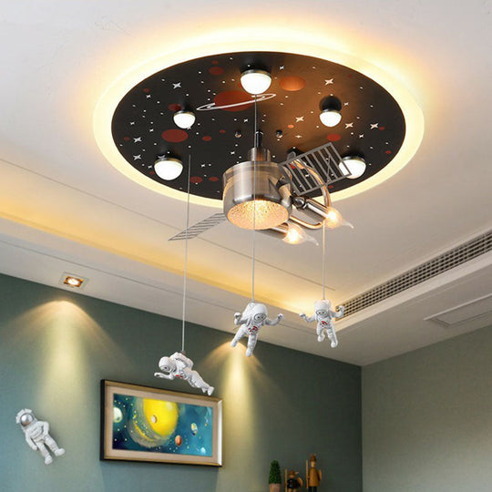 Astronaut Themed Led Flush Mount Light In Black - Metallic Space Ship Design For Kids Room