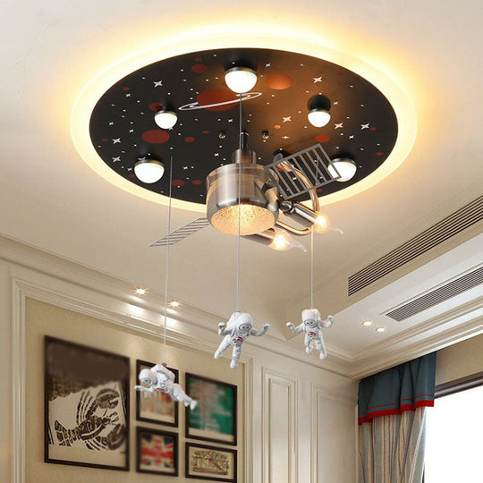 Astronaut Themed LED Flush Mount Light in Black - Metallic Space Ship Design for Kids Room