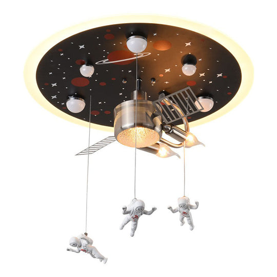 Astronaut Themed LED Flush Mount Light in Black - Metallic Space Ship Design for Kids Room