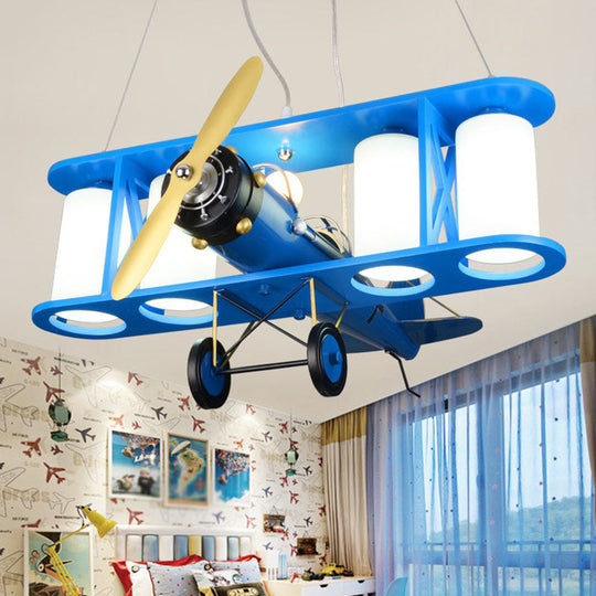 Kids Style Metallic Plane Chandelier: Nursery Led Hanging Light With Opal Glass Shade