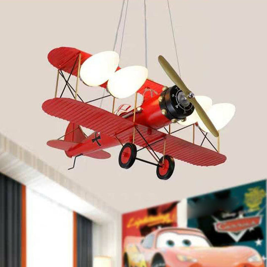 Kids Style Metallic Plane Chandelier: Nursery Led Hanging Light With Opal Glass Shade