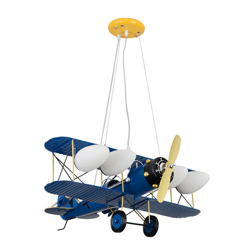 Kids Style Metallic Plane Chandelier: Nursery Led Hanging Light With Opal Glass Shade