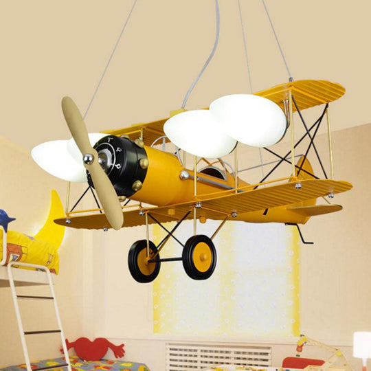 Kids Style Metallic Plane Chandelier: Nursery Led Hanging Light With Opal Glass Shade