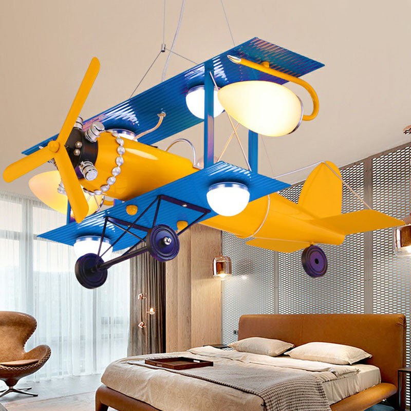 Yellow Led Nursery Chandelier With Jet Plane Design And Cream Glass Shade