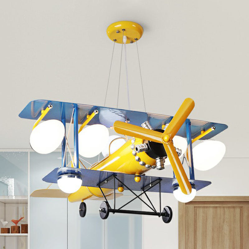 Yellow Cartoon Led Ceiling Light: Jet-Shaped Child Room Chandelier Pendant With Metallic Finish