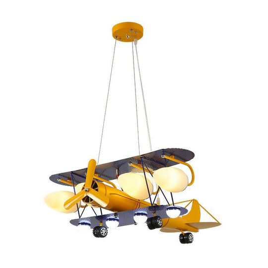 Yellow Cartoon Jet Plane Chandelier Metallic Led Hanging Light For Kindergarten