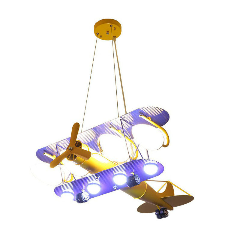 Yellow Cartoon Jet Plane Chandelier Metallic Led Hanging Light For Kindergarten