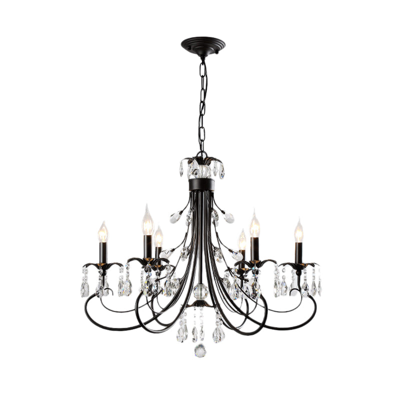 Traditional Iron Candle Chandelier Pendant - 6/8/12 Light Black Hanging With Crystal Drops