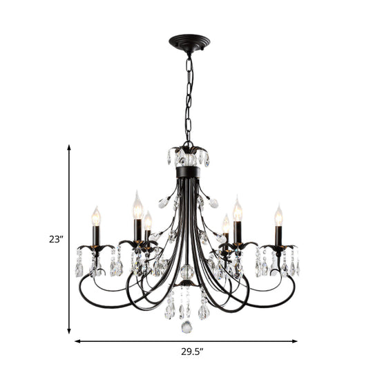 Lustre à bougies traditionnel à plusieurs niveaux en fer avec gouttes de cristal - 6/8/12 lumières, suspension noire