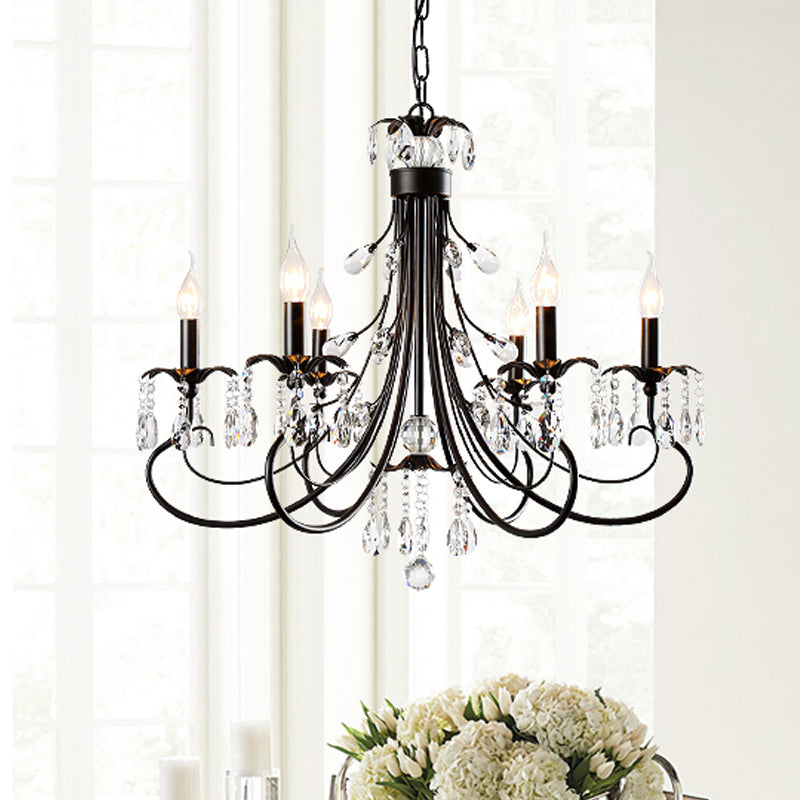 Traditional Iron Candle Chandelier Pendant - 6/8/12 Light Black Hanging With Crystal Drops