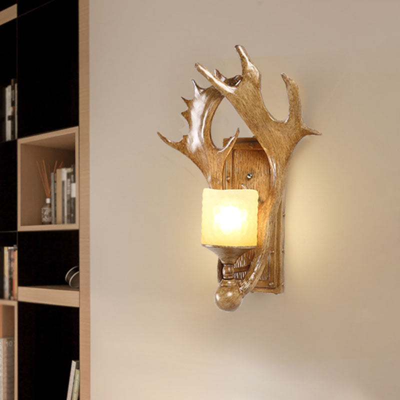 Retro Antler Resin Wall Mount Light With Frosted Glass Shade - 1-Light Brown Finish Ideal For Study